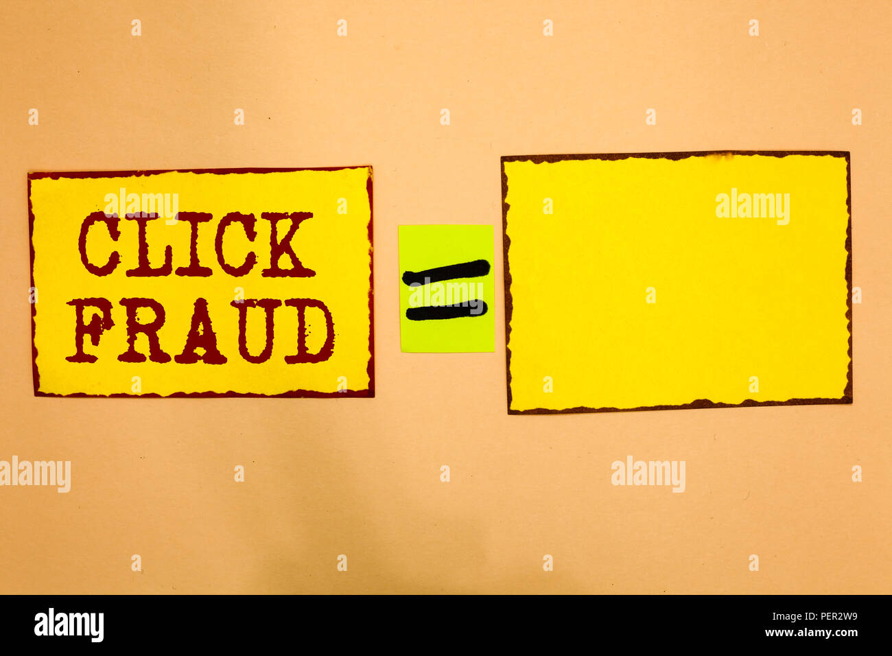 Conceptual hand writing showing Click Fraud. Business photo showcasing practice of repeatedly clicking on advertisement hosted website Yellow paper no Stock Photo