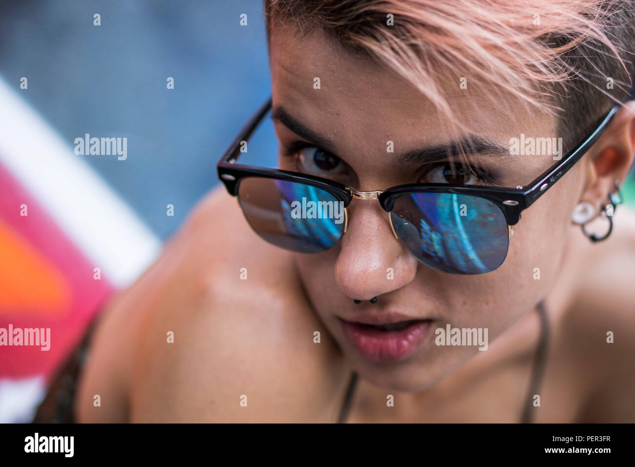 Street Punk Or Hipster Girl With Pink Dyed Hair Portrait Of Woman