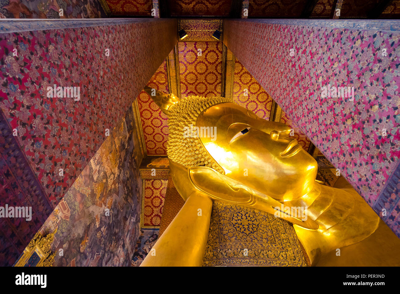 big golden buddha head in Wat Pho temple in Bangkok , Thailand Stock Photo