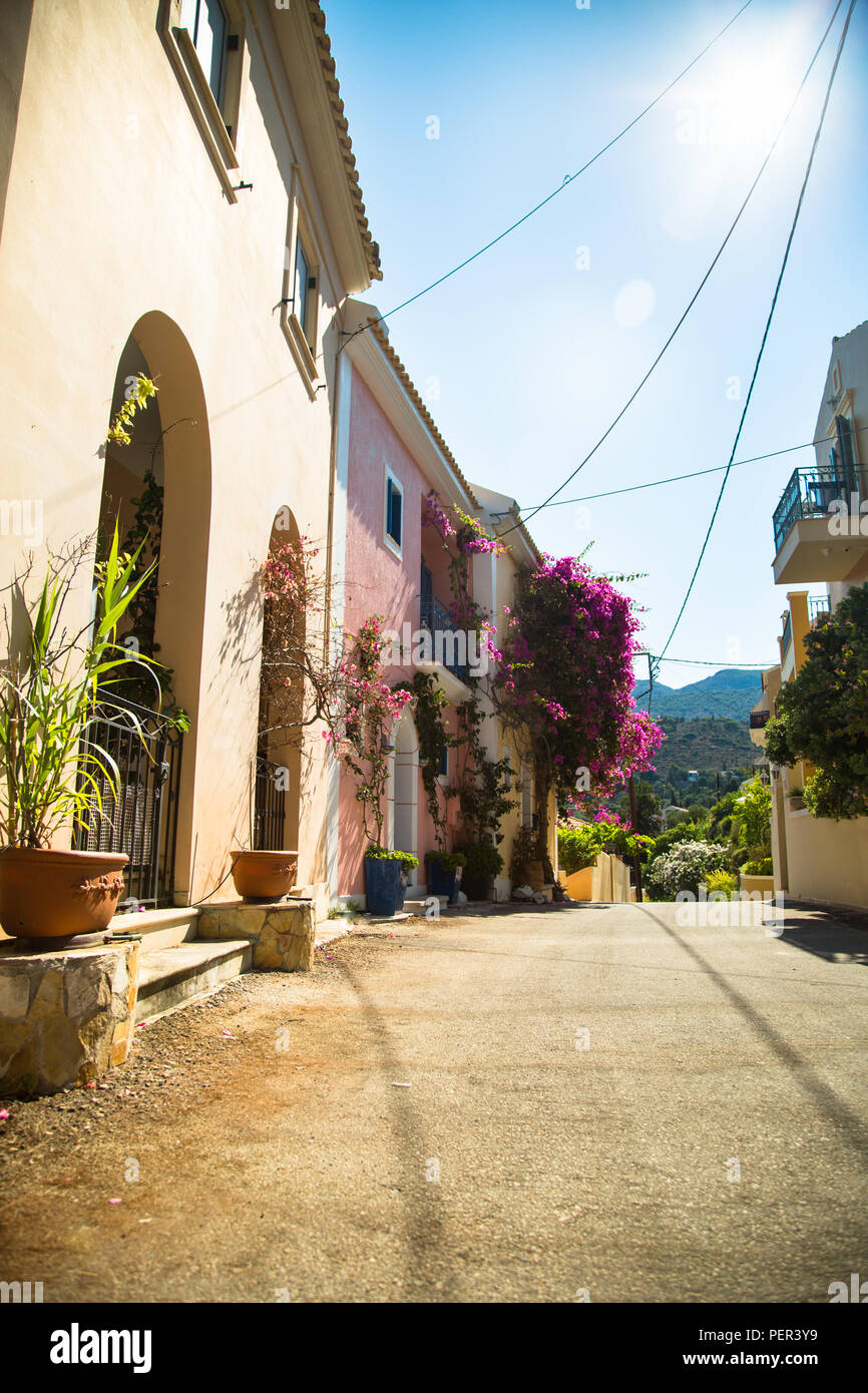 Traditional Greek architecture houses and streets.  Greek cityscape. Stock Photo