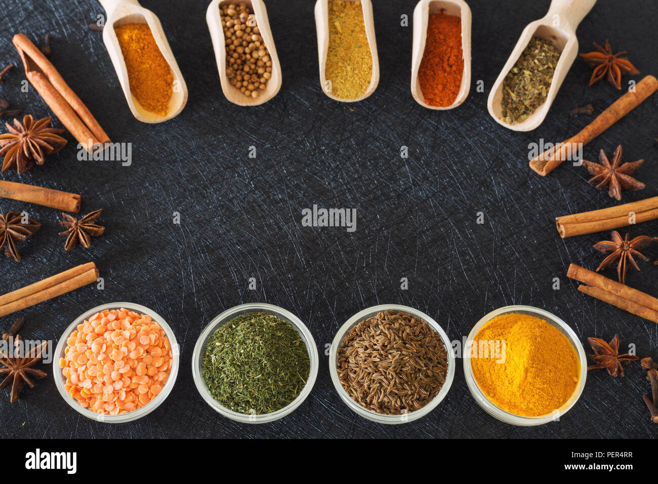 Herbs, spices and food additives on a dark background with an empty place  Stock Photo - Alamy