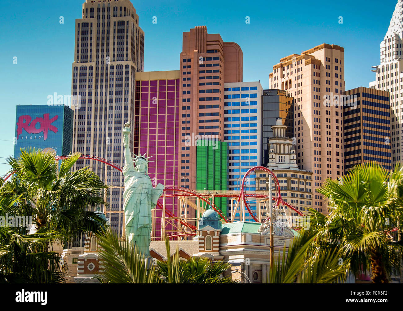 Las Vegas, Nevada: May 11, 2018: Buildings, Roller Coaster And Statue Of  Liberty Replica At New York New York Hotel And Casino Stock Photo, Picture  and Royalty Free Image. Image 117883669.
