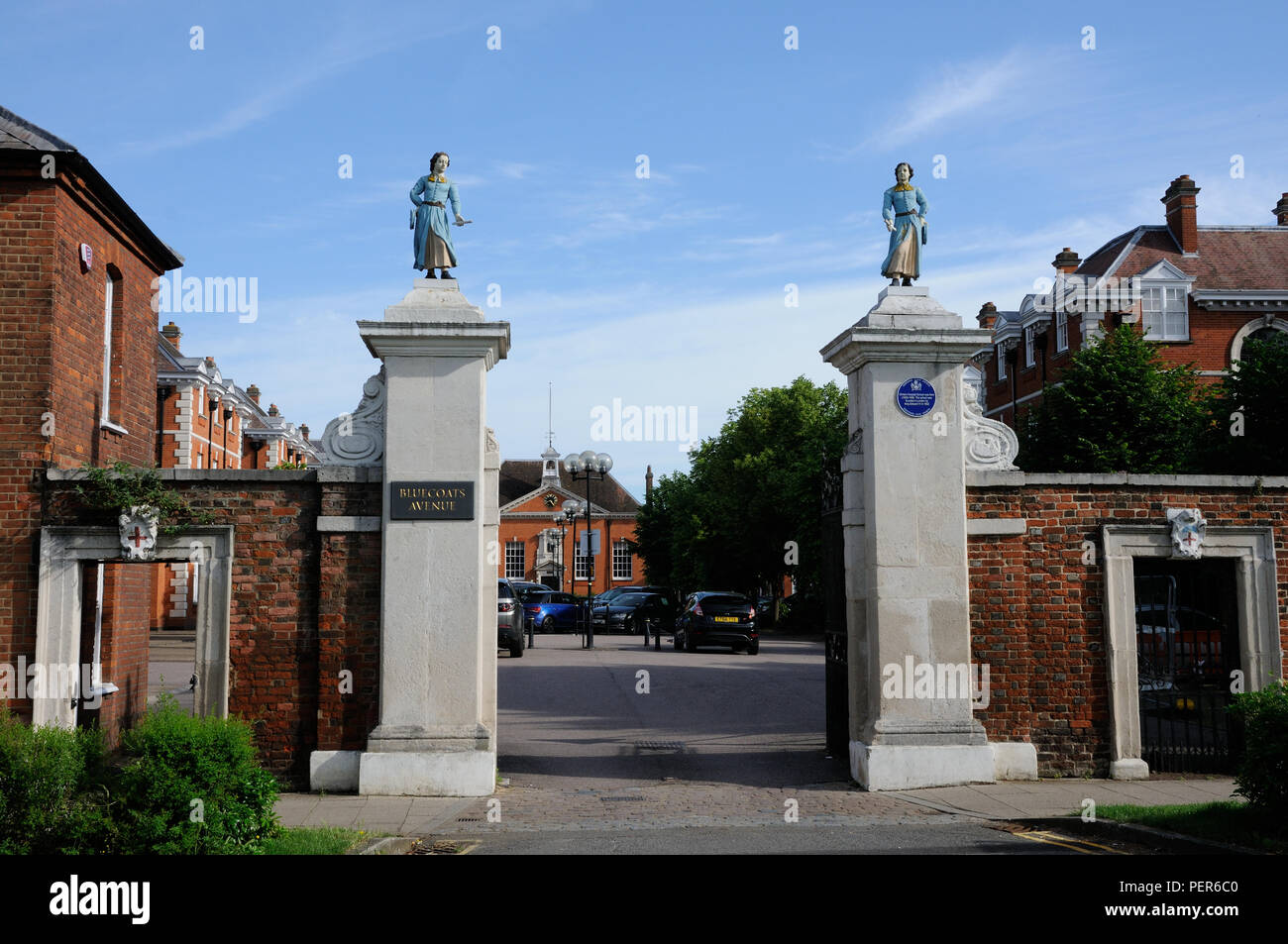 Bluecoats Avenue gateway to the former Christs Hospital School, Hertford, Hertfordshire. The