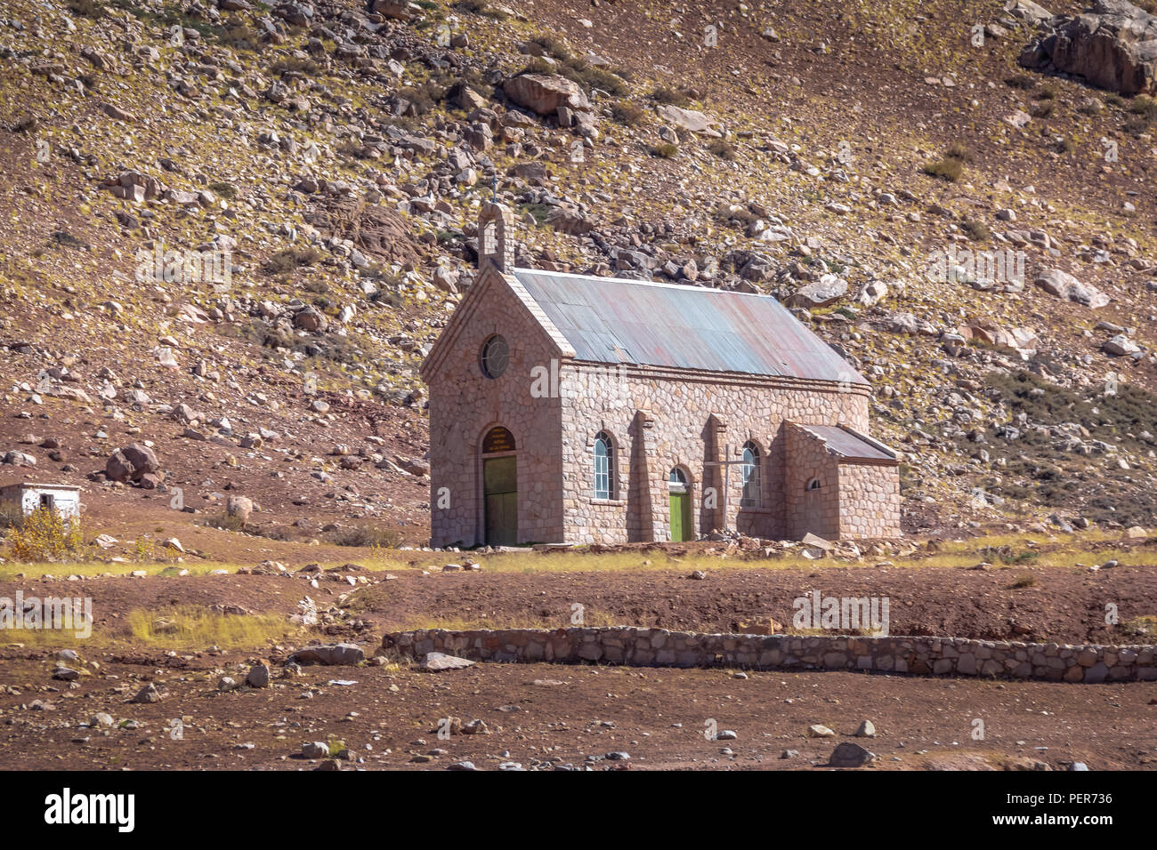 Capilla de las Nieves Chapel at Puente del Inca or Inca Bridge near Cordillera de Los Andes - Mendoza Province, Argentina Stock Photo