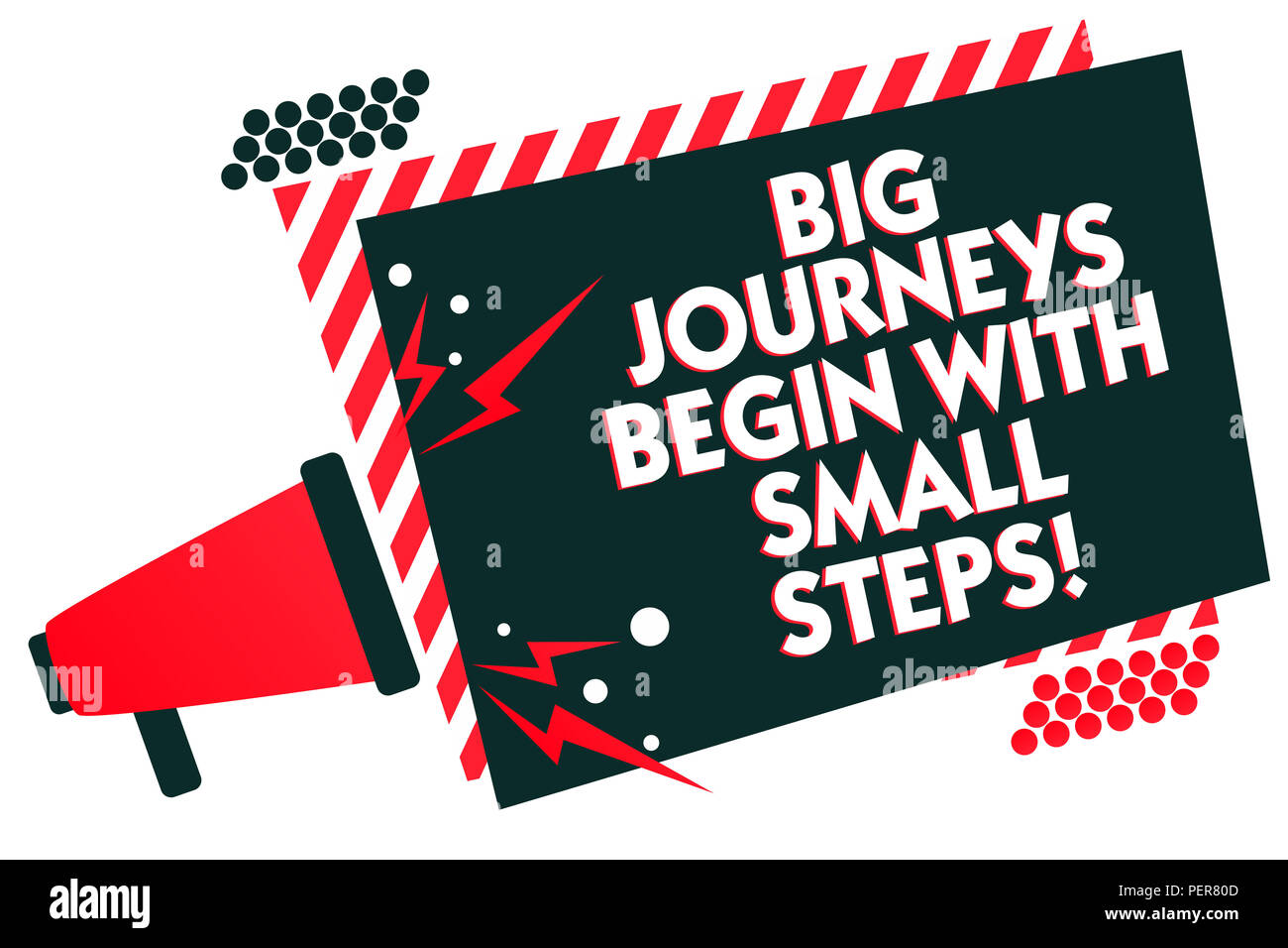 Handwriting text writing Big Journeys Begin With Small Steps. Concept  meaning One step at a time to reach your goals Megaphone loudspeaker red  striped Stock Photo - Alamy