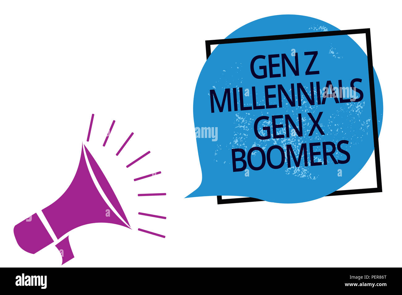 Text sign showing Gen Z Millennials Gen X Boomers. Conceptual photo Generational differences Old Young people Megaphone loudspeaker speaking loud scre Stock Photo
