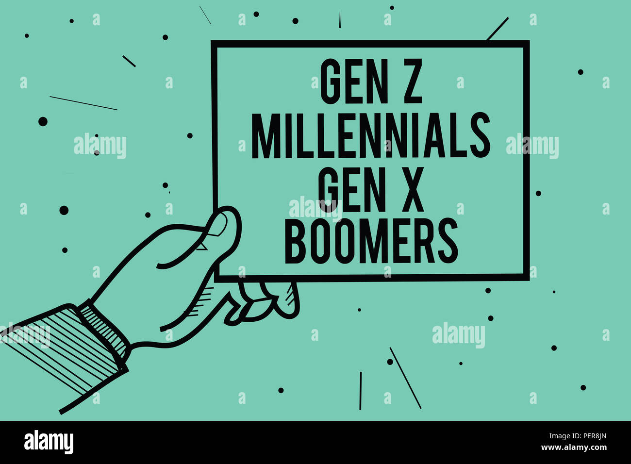 Text sign showing Gen Z Millennials Gen X Boomers. Conceptual photo Generational differences Old Young people Man hand holding paper communicating inf Stock Photo