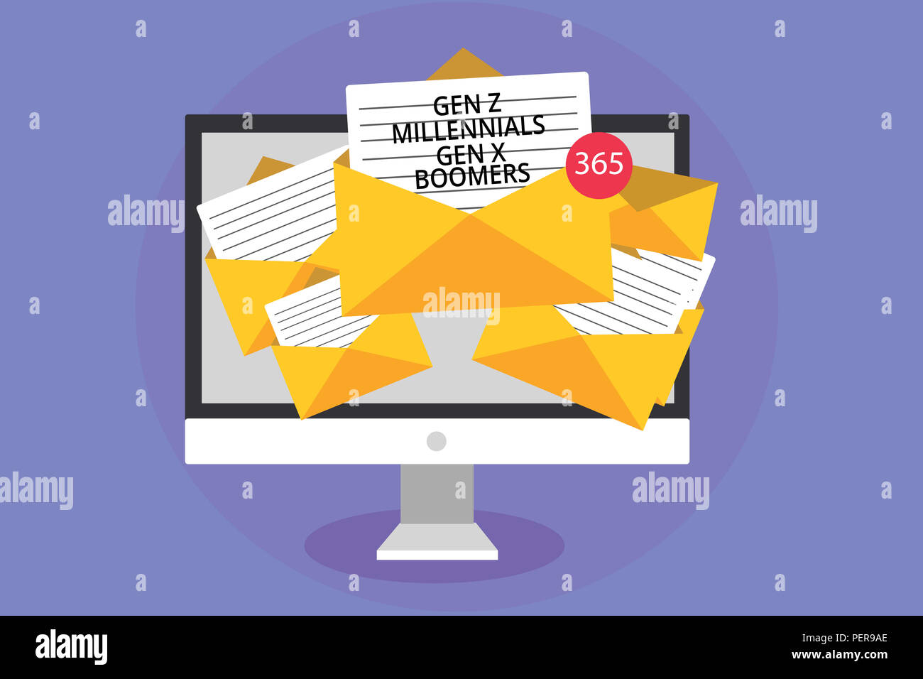 Word writing text Gen Z Millennials Gen X Boomers. Business concept for Generational differences Old Young people Computer receiving emails important  Stock Photo