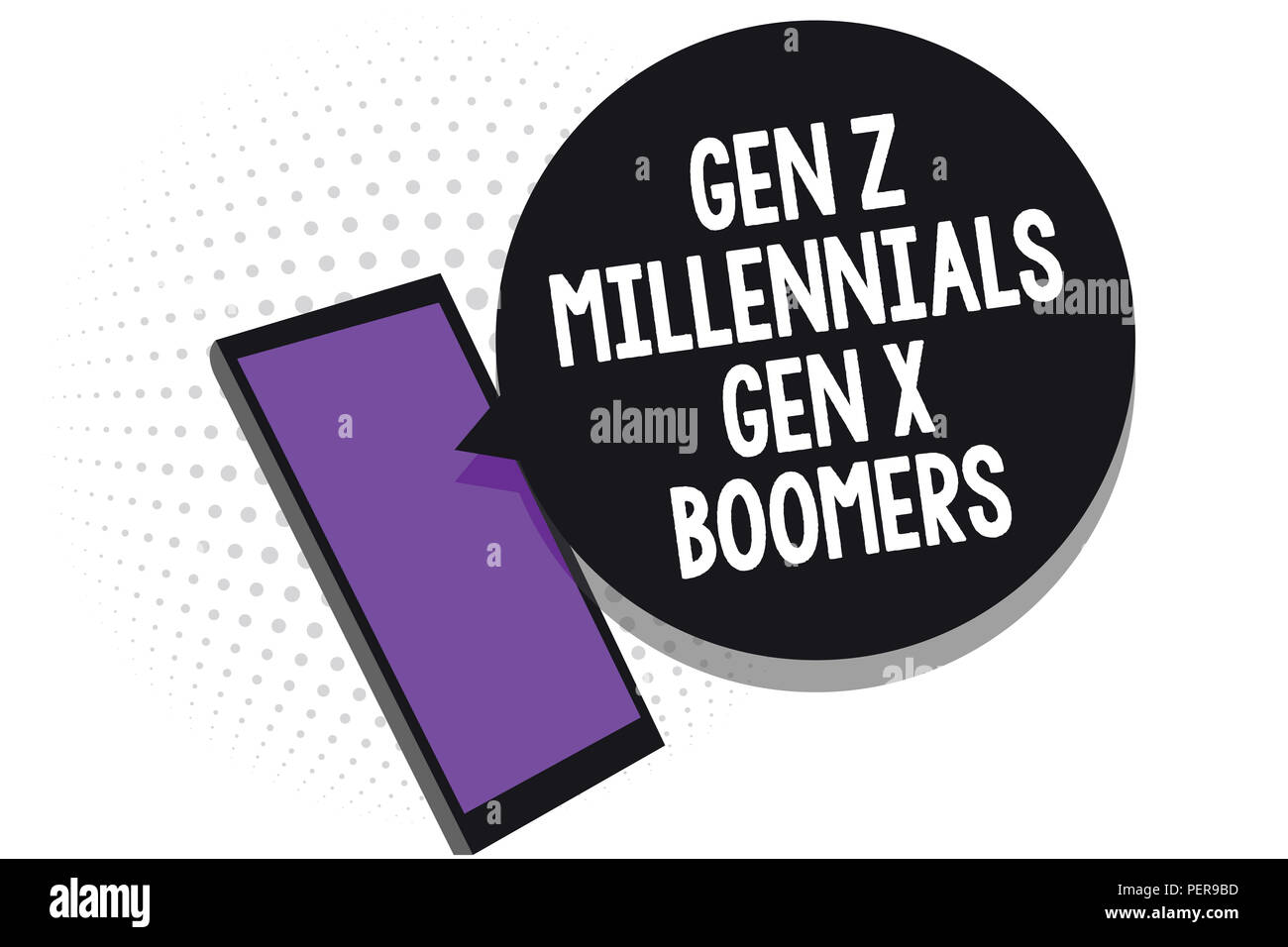 Writing note showing Gen Z Millennials Gen X Boomers. Business photo showcasing Generational differences Old Young people Cell phone receiving text me Stock Photo