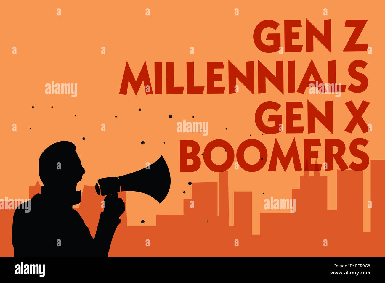 Text sign showing Gen Z Millennials Gen X Boomers. Conceptual photo Generational differences Old Young people Man holding megaphone speaking politicia Stock Photo