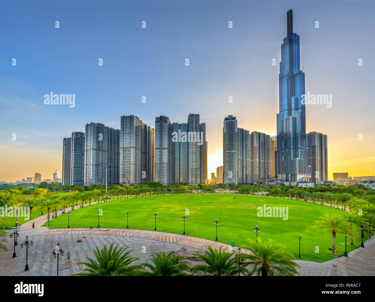 Panoramic skyscrapers at sunset with sky impressive in apartment, architectural extended life material development people Stock Photo