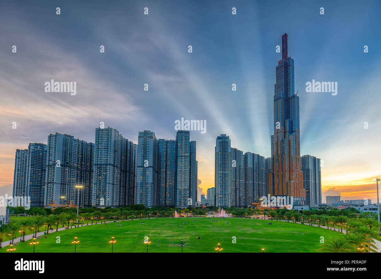 Panoramic skyscrapers at sunset with sky impressive in apartment, architectural extended life material development people Stock Photo