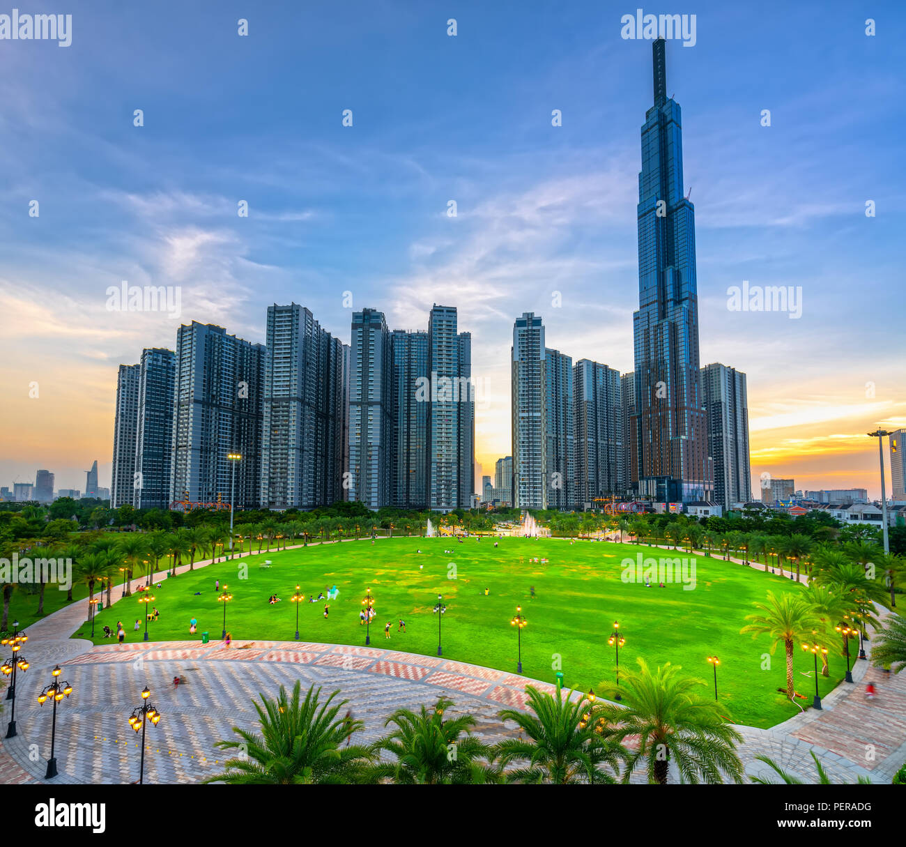 Panoramic skyscrapers at sunset with sky impressive in apartment, architectural extended life material development people Stock Photo