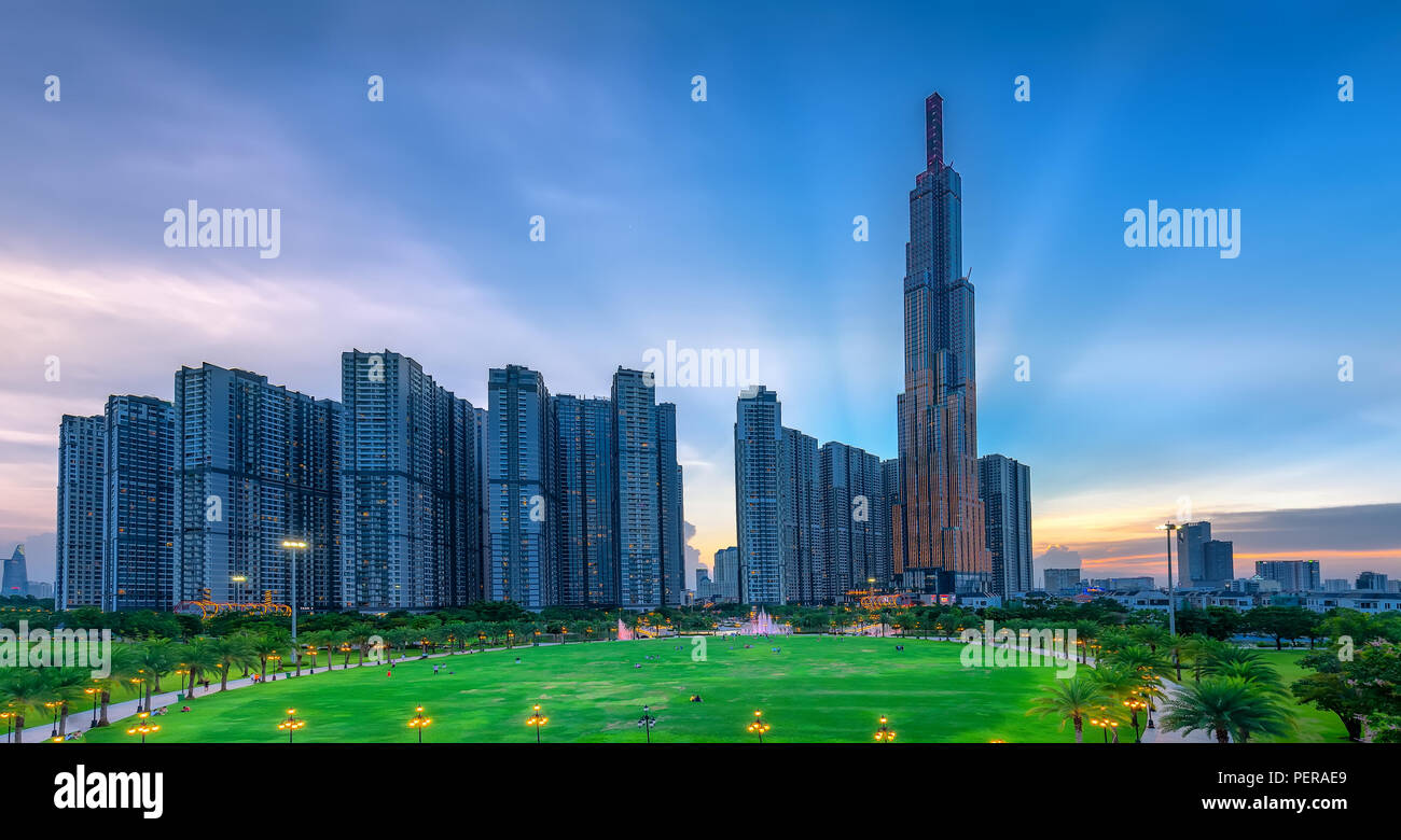 Panoramic skyscrapers at sunset with sky impressive in apartment, architectural extended life material development people Stock Photo