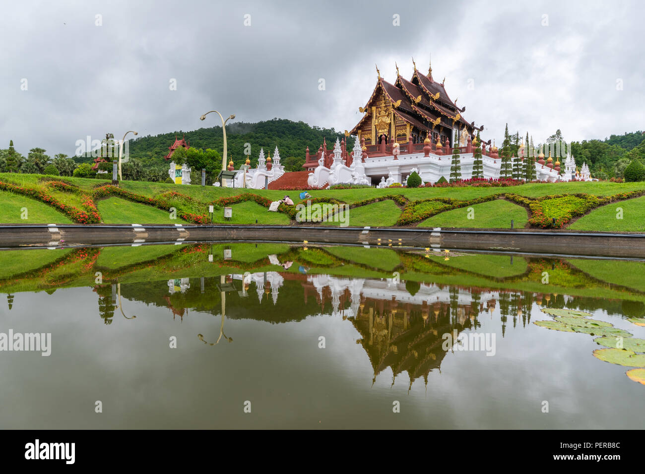 Chiangmai, Thailand - June, 27, 2018: Beautiful ancient style royal pavilion with reflection in swamp in Royal Park Rajapruek, the tourism travel dest Stock Photo
