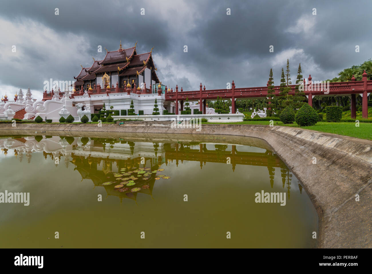 Chiangmai, Thailand - June, 27, 2018: Beautiful ancient style royal pavilion with reflection in swamp in Royal Park Rajapruek, the tourism travel dest Stock Photo