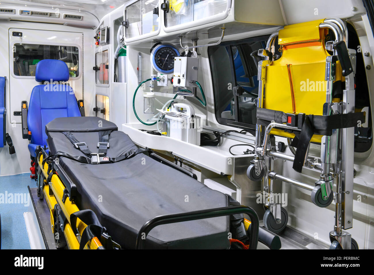 Emergency equipment and devices, Ambulance interior details. Stock Photo