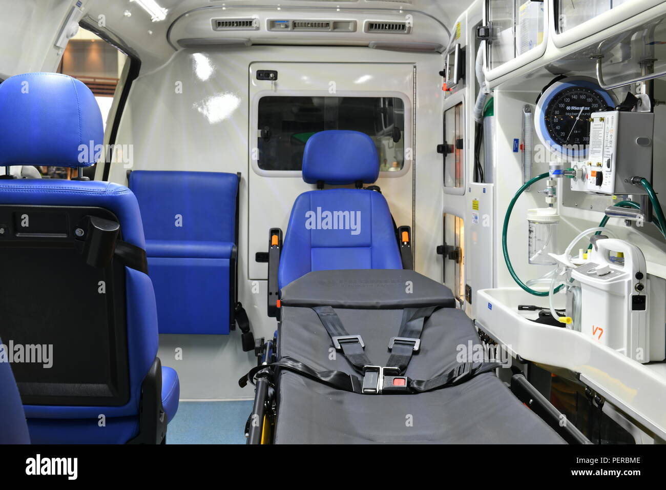 Emergency equipment and devices, Ambulance interior details Stock Photo