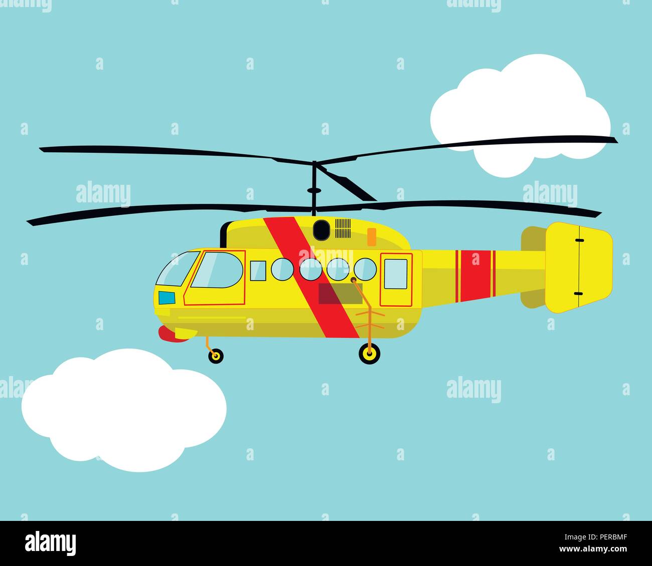 helicopteryellow helicopter flying in the sky among the clouds Stock Vector