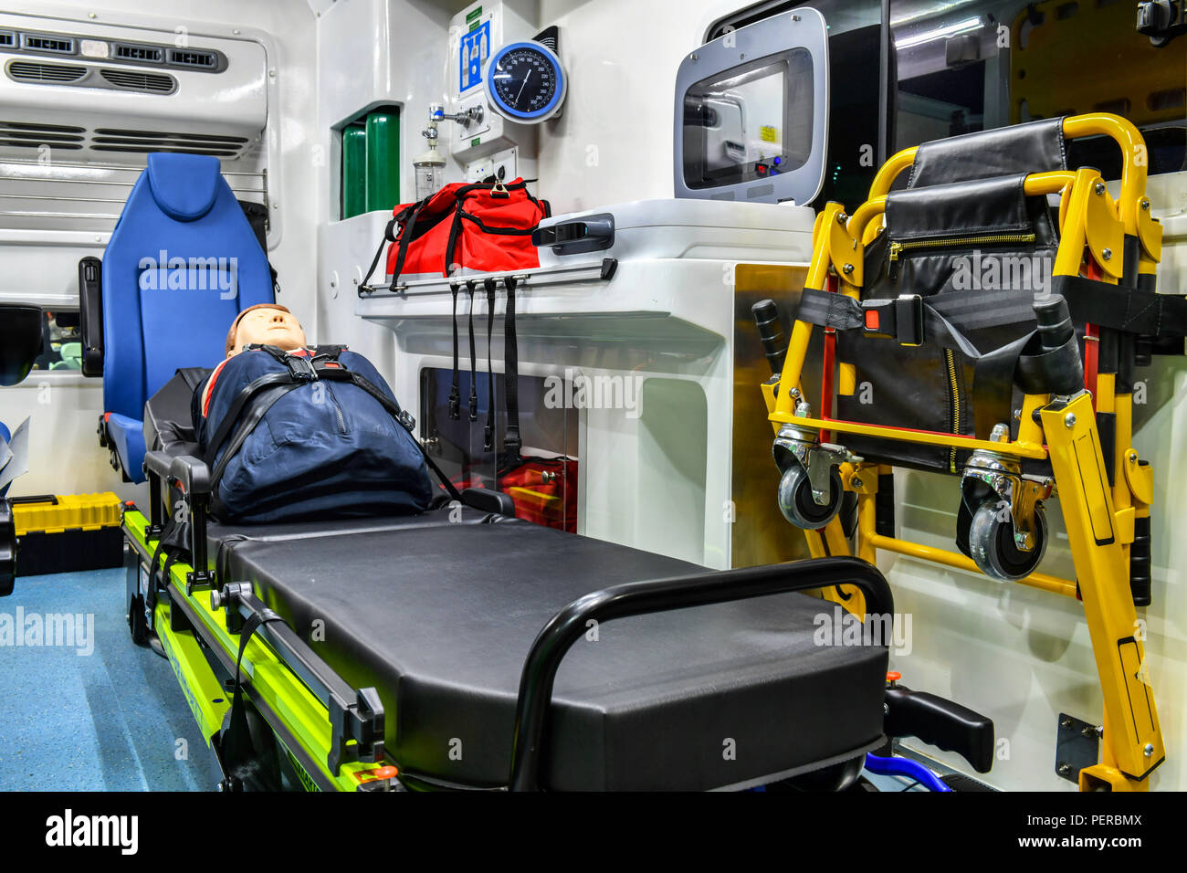 Emergency equipment and devices, Ambulance interior details. Stock Photo