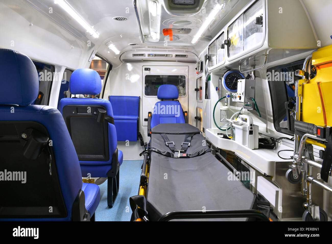 Emergency equipment and devices, Ambulance interior details. Stock Photo