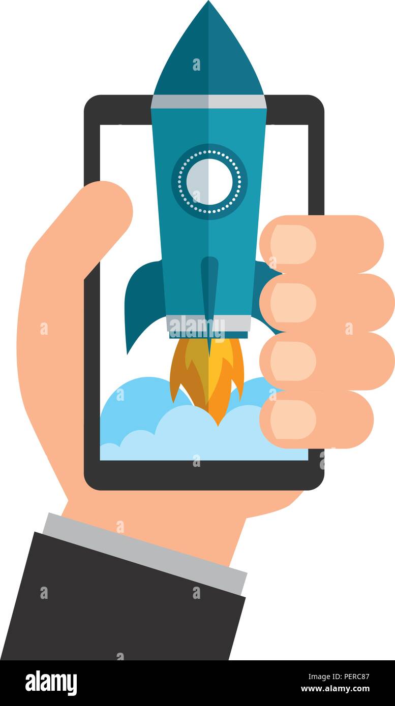 hand and smartphone with startup rocket Stock Vector Image & Art - Alamy