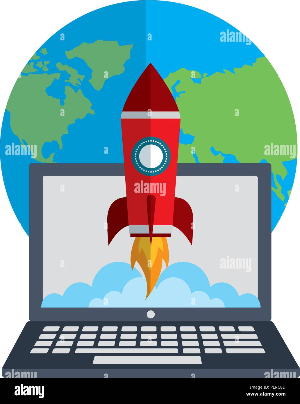laptop computer with startup rocket and planet earth Stock Vector Image ...