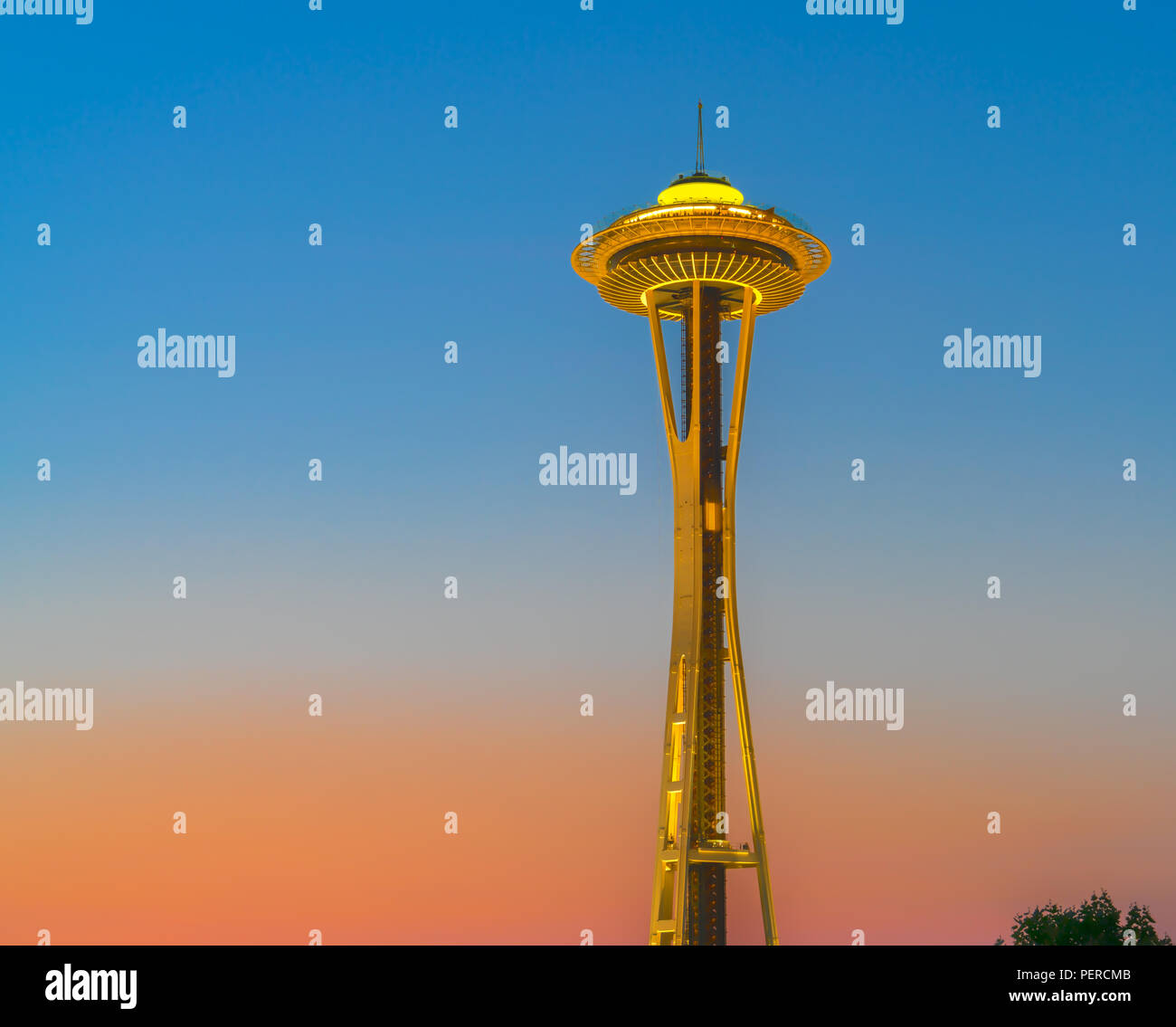 Seattle Space Needle (observation tower) at sunset in Seattle, Washington. Stock Photo