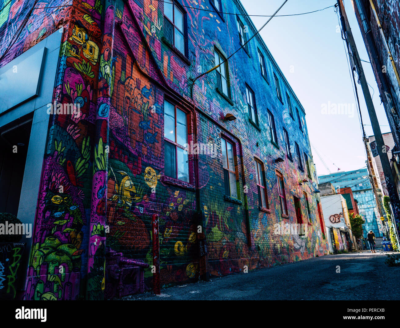 amazing street art in a graffiti alley colorful arts on building, fashion district toronto Stock Photo