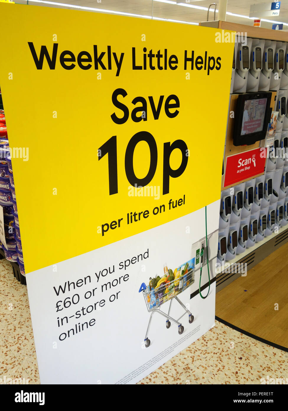 Tesco supermarket offering special offer if you spend over £60 in shop get 10 pence per litre of