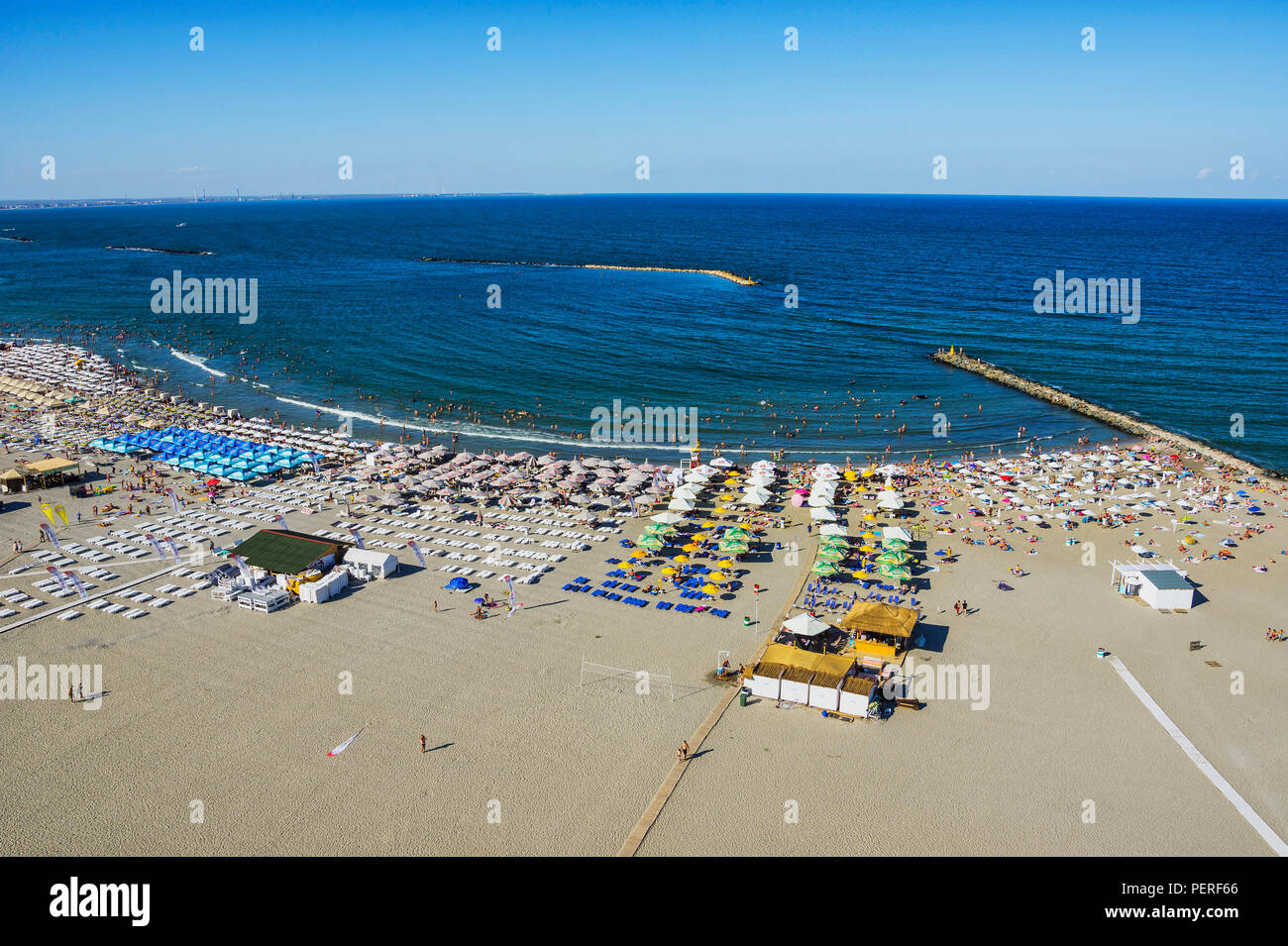 MAMAIA, CONSTANTA , ROMANIA - AUGUST, 2018. Mamaia beach on the Black sea coast - view from Sky View Park Hotel, top summer attraction in Romania. Stock Photo