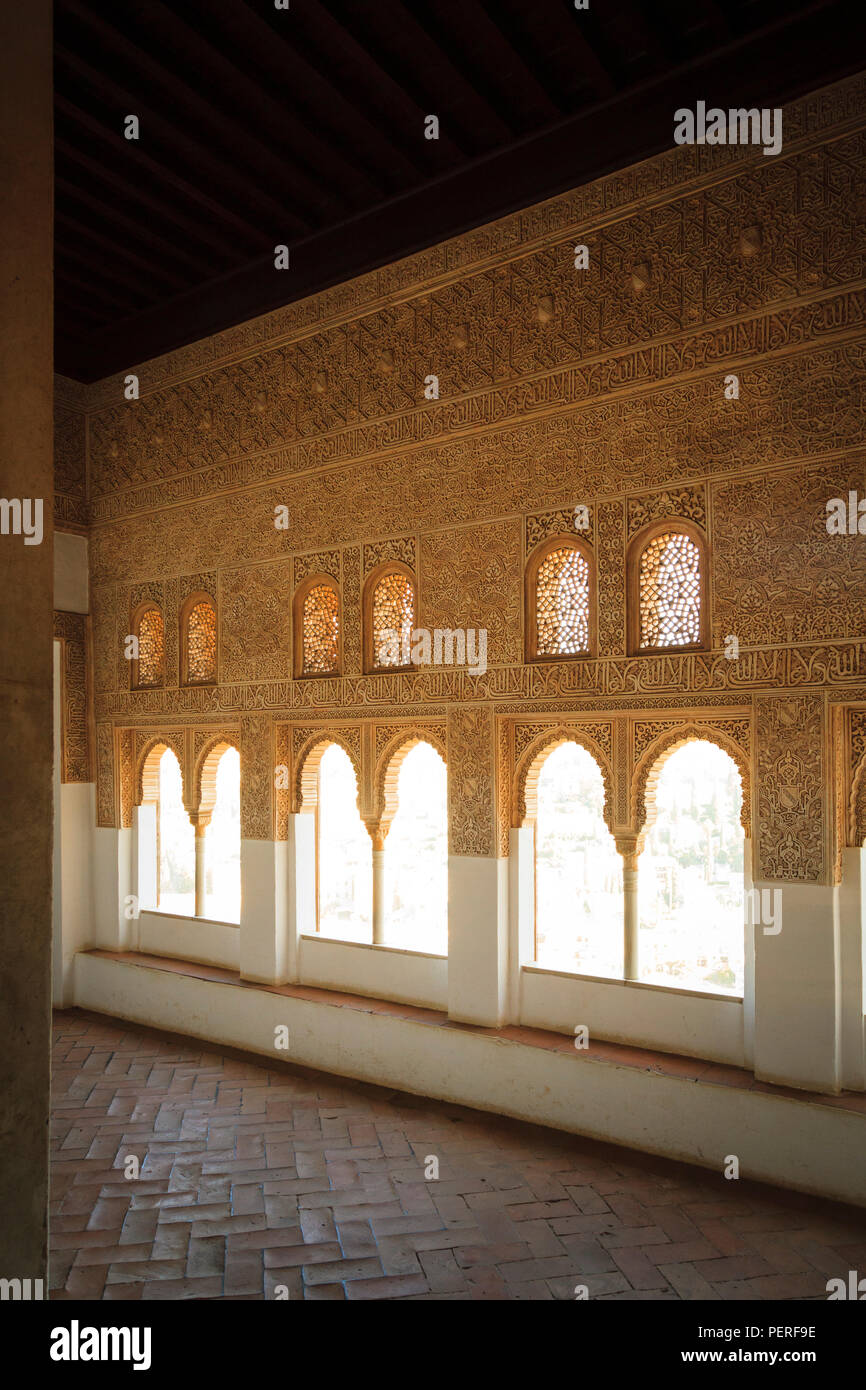 Typical decorative Moorish Architecture windows in the Mexuar Room of the Alhambra Palace in Spain Stock Photo