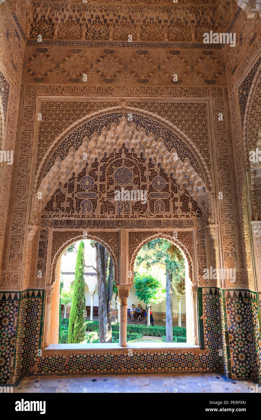 Ornate window in the Mirador de Daraxa at the Alhambra Palace in Granada Spain Stock Photo