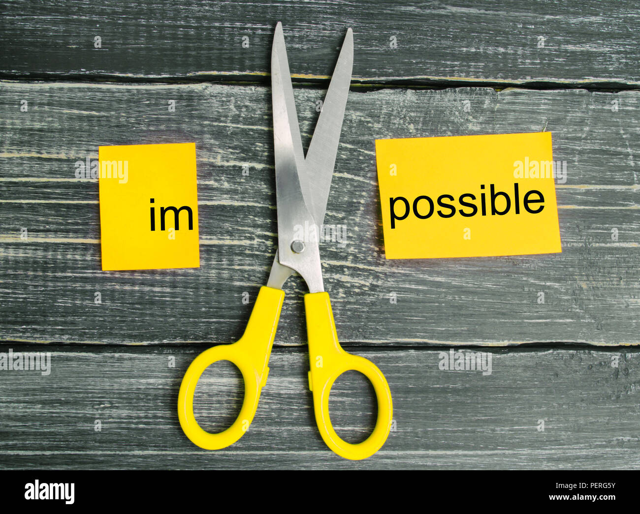 Impossible Is Possible Concept. card with the text impossible, scissors ...