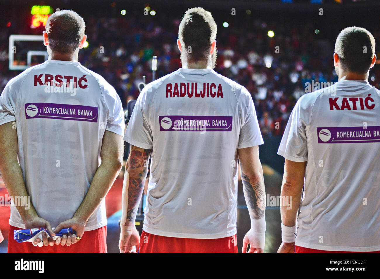 Serbian players Nenad Krstic, Miroslav Raduljica and Rasko Katic during the national anthem. FIBA Basketball World Cup, Spain 2014 Stock Photo