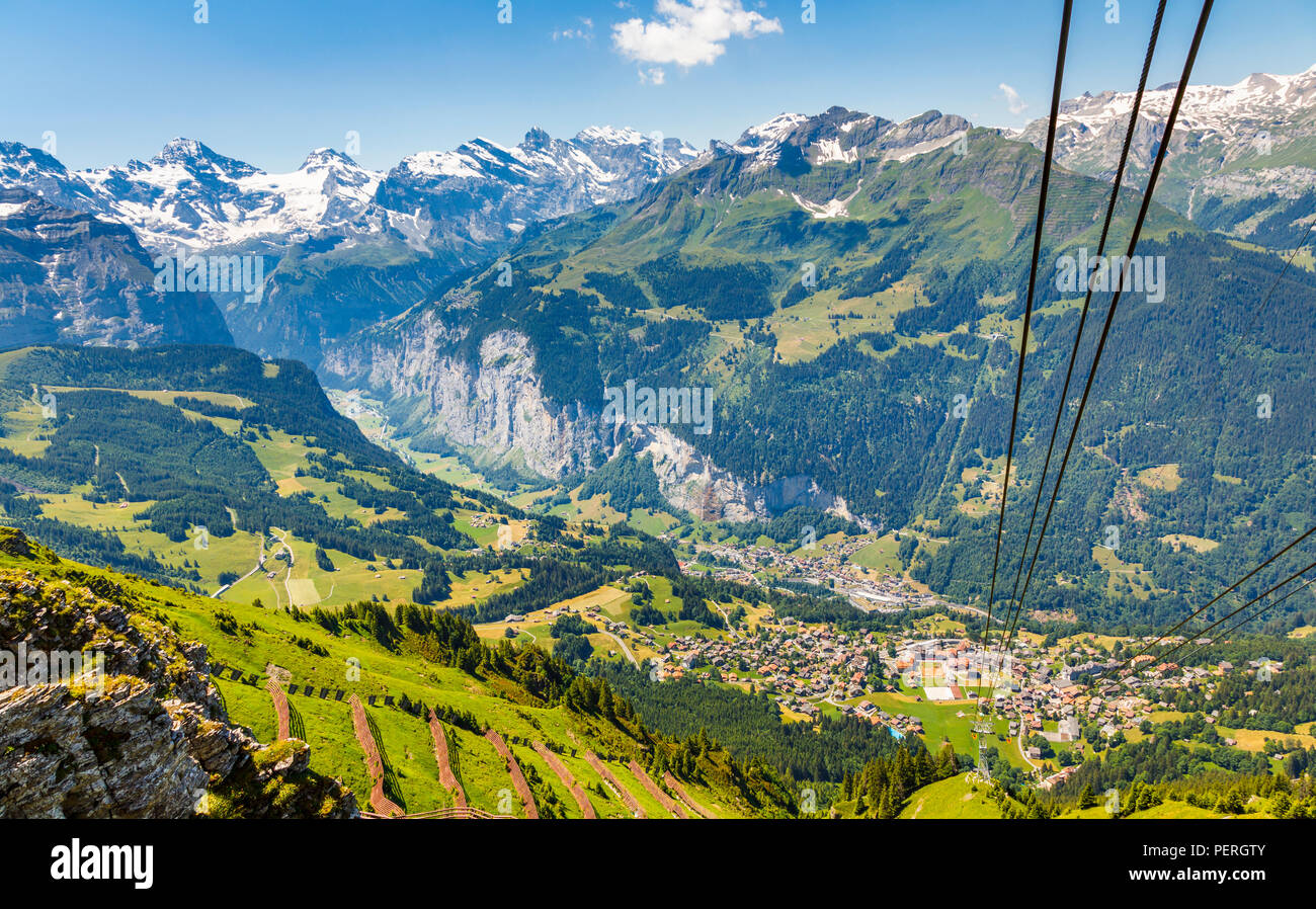 Aerial view of Wengen village centre, Lauterbrunnen and the