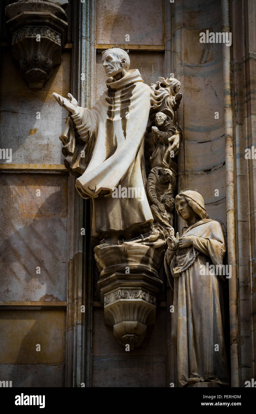 6 JUNE 2018, MILAN, ITALY Sculptures of saints and martyrs decorating