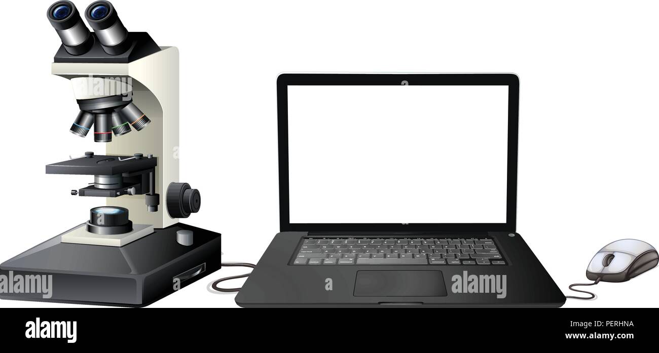Computer digital microscope on white background illustration Stock ...