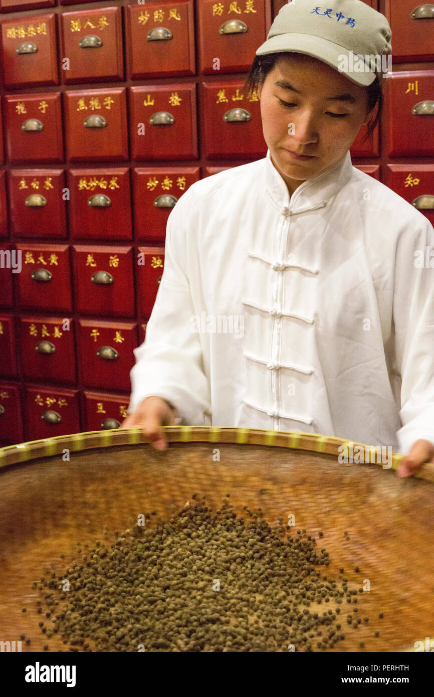 Suzhou, Jiangsu, China.  An Employee Making Pills in a Company Manufacturing Traditional Herbal Medicines. Stock Photo