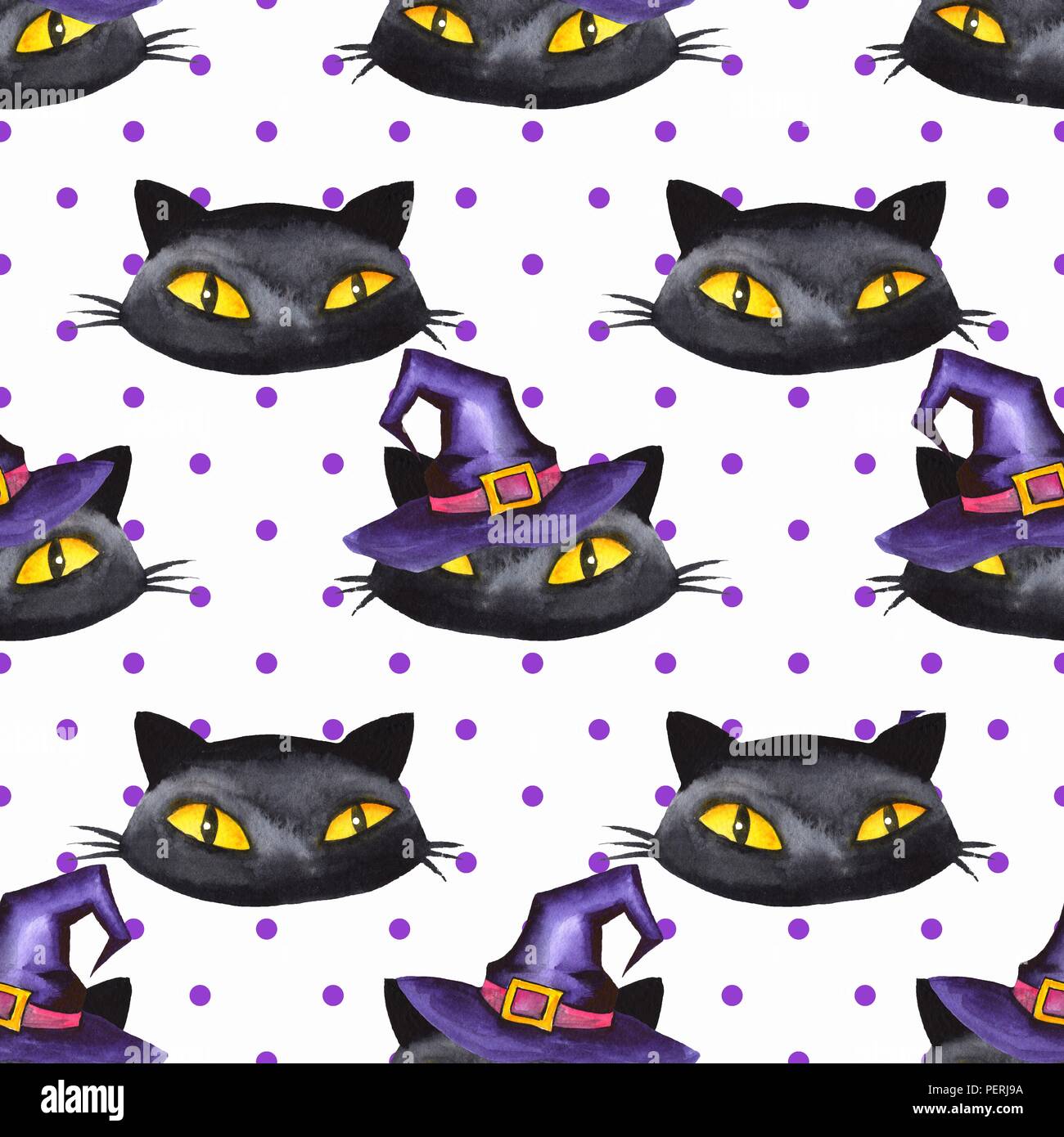 Halloween watercolor seamless pattern. Black cats in hats Stock Photo