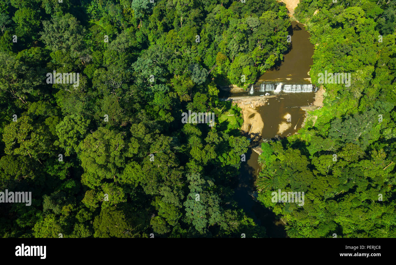 A drone photo looking down on Imbak Falls surrounded by tropical rainforest. Imbak Canyon Conservation Area, Sabah, Malaysia (Borneo) Stock Photo