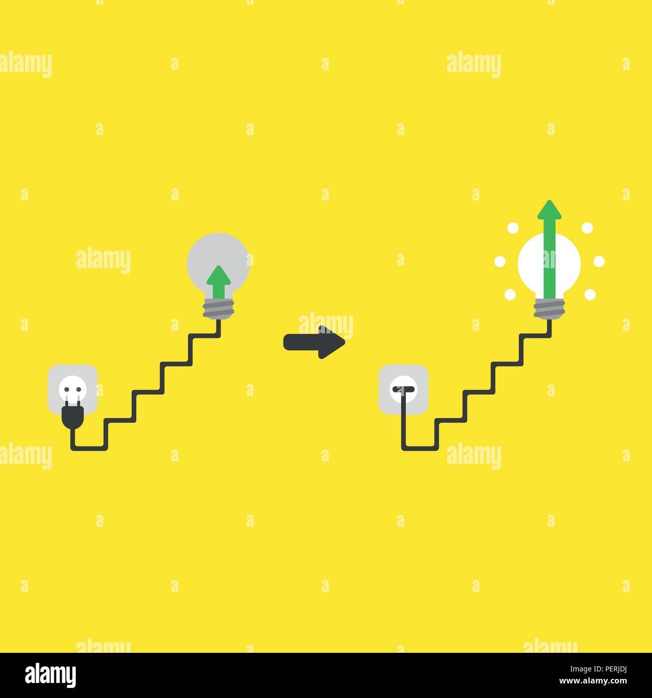 Flat vector icon concept of light bulb with stairs cable, plugged into ...