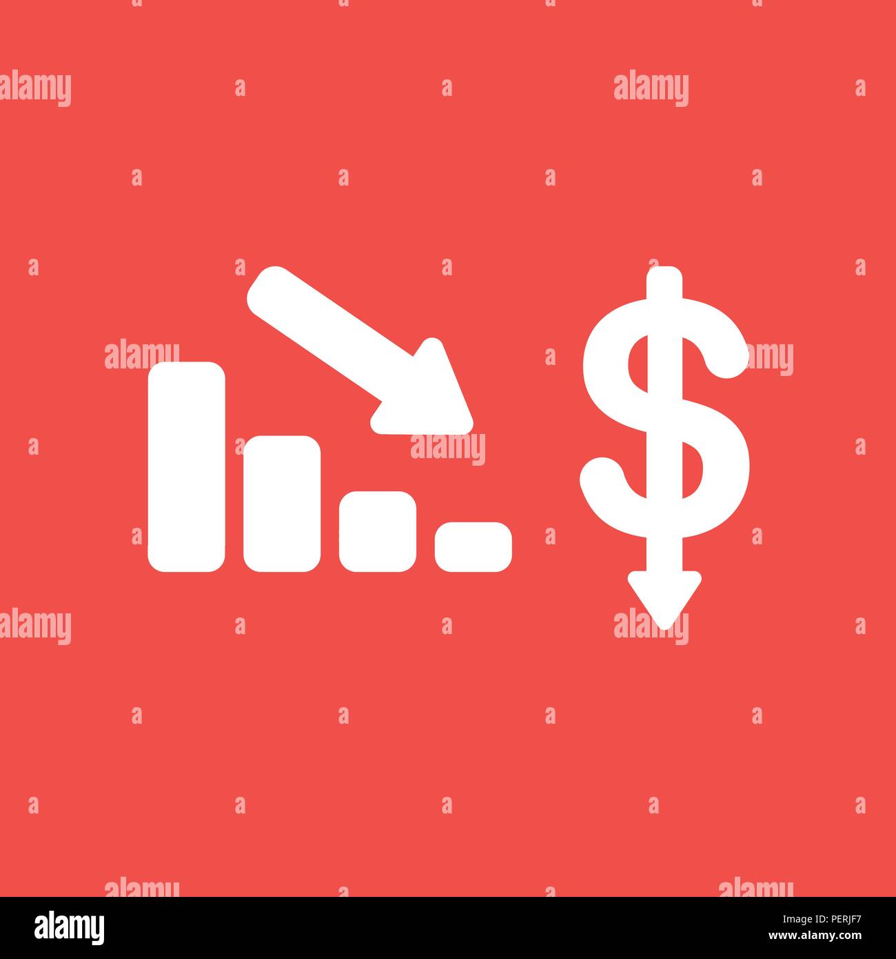 Flat vector icon concept of red sales bar graph and dollar symbol moving down on red background. Stock Vector