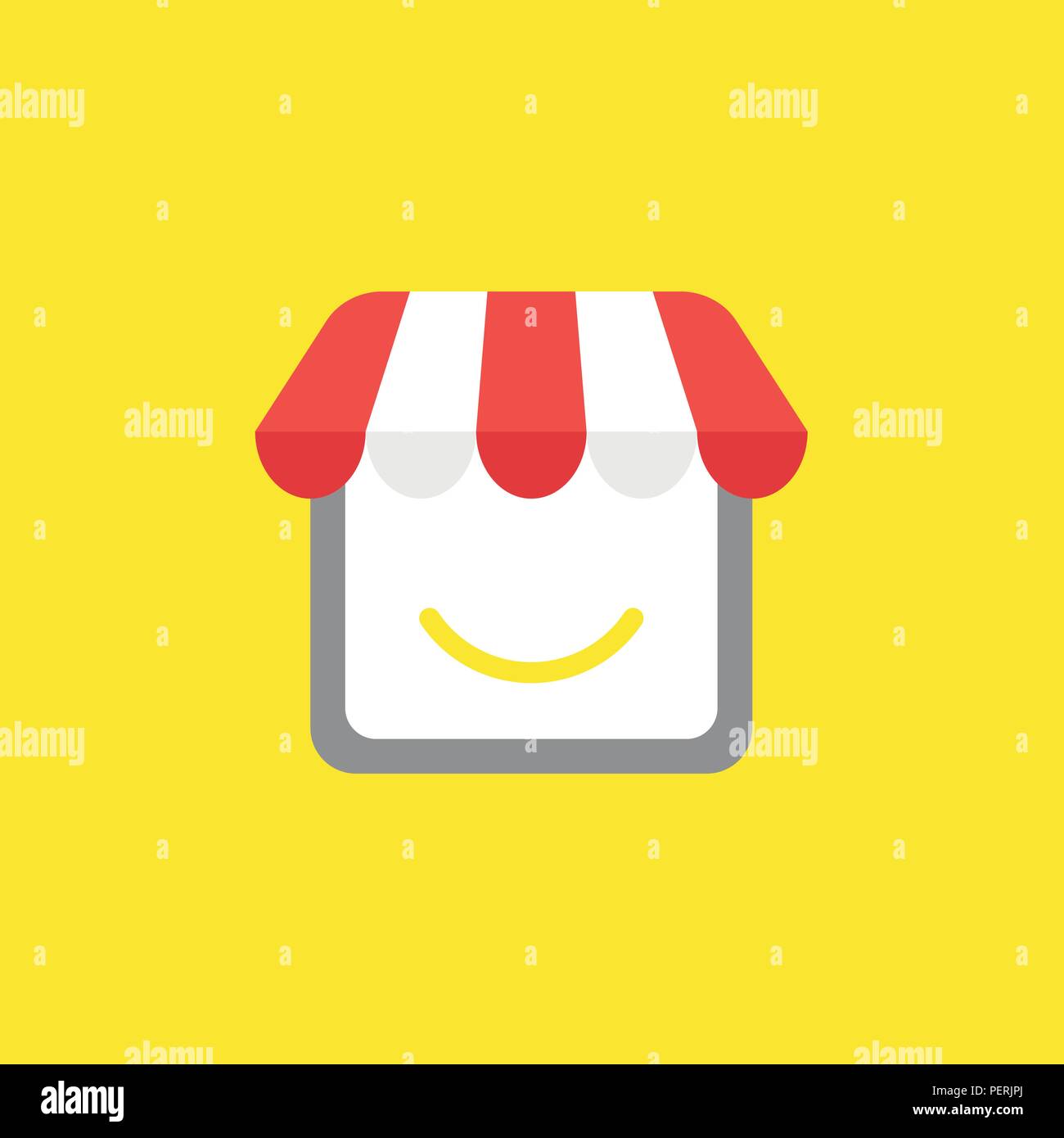 Flat vector icon concept of shop store with smiling mouth on yellow ...