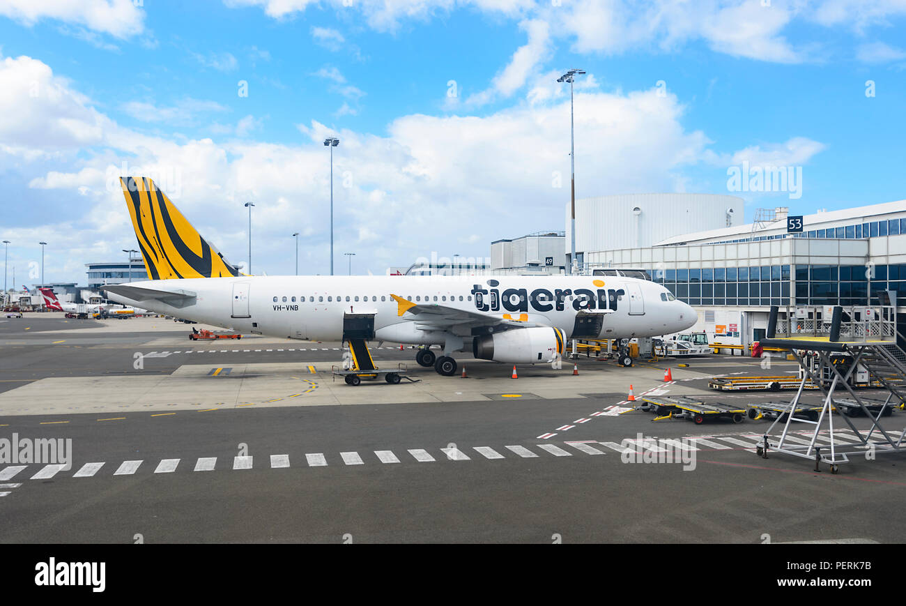 Tigerair VH-VNB Airbus A320-232 Airliner on the tarmac at Sydney Airport, Domestic Terminal, New South Wales, NSW, Australia Stock Photo