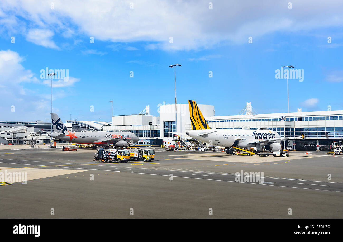 Jetstar and Tigerair airliners at the gate on the tarmac, Sydney Airport, Domestic Terminal, New South Wales, NSW, Australia Stock Photo