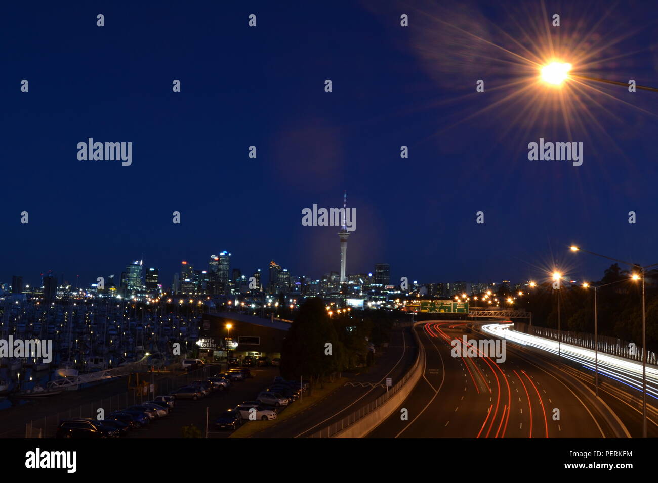 Auckland long exposure highway with tower Stock Photo
