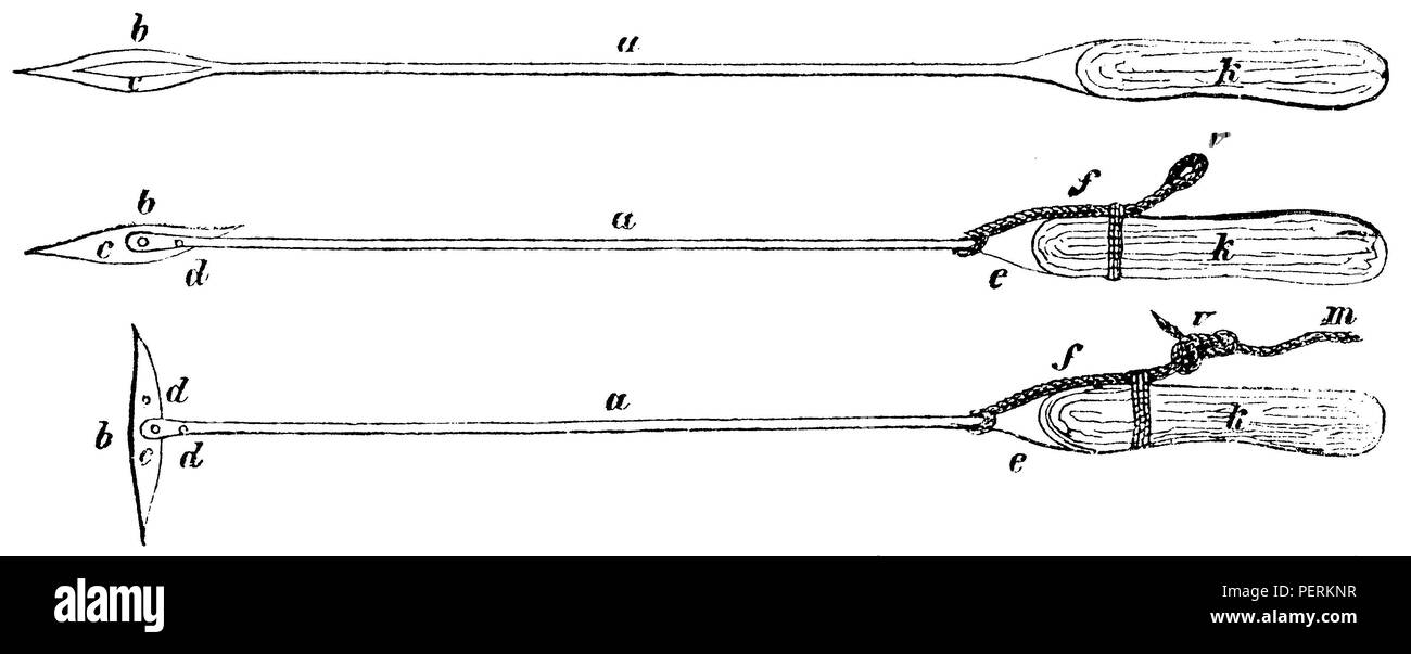 harpoons of whale catchers. Above: harpoon with stick, middle and bottom: harpoon to throw into the body of the animal. A) iron rod, b) steel tip, c) hinge to connect both through d), a small wooden stick, e) rear end of the rod, f) short leash on the rod, k) billets, m) wide line connected at v) with the rod leash;Harpoon of the whale catcher. Above: harpoon with the stick, middle and bottom: Harpoon after the throw in the body of the animal. A) Iron rod, b) Steel tip, c) Hinge for connecting both by d), a small wooden stick, e) Rear end of the rod, f) Short leash on rod, k) Stick, m) Large l Stock Photo