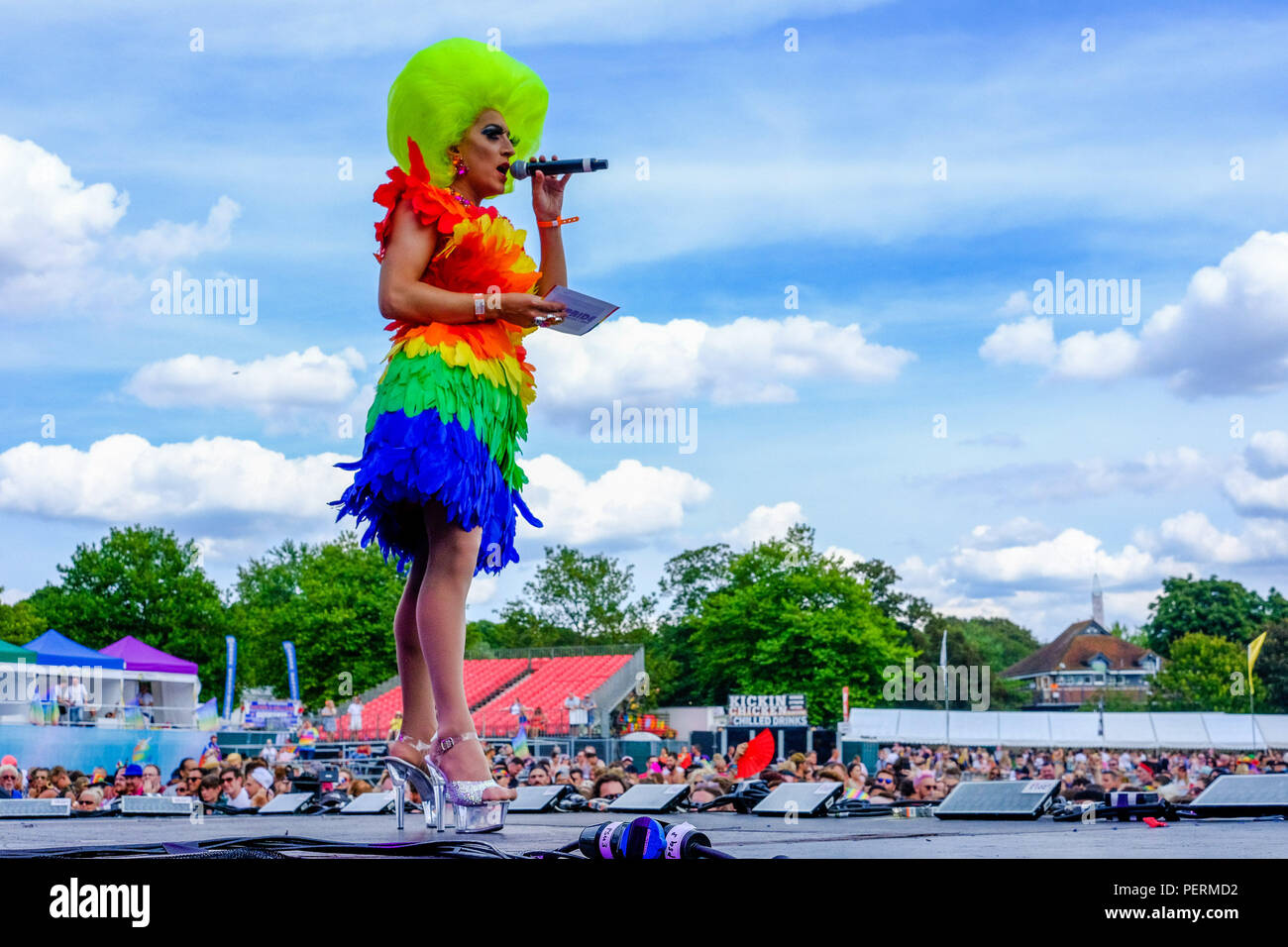 A drag act onstage during Brighton Pride, Preston Park on Saturday 4