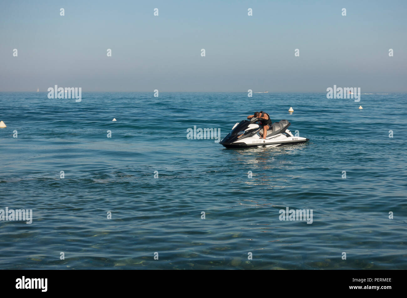 Jet ski being prepared at mediterranean sea, San Pedro, Marbella, Spain. Stock Photo